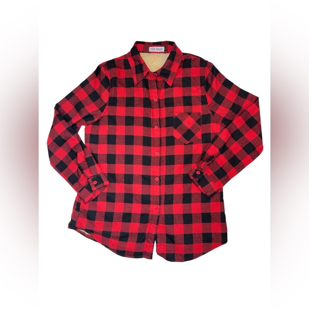 Steve Madden Womens Plaid Flannel Button-down Shirt w Sherpa Lining Size Medium
